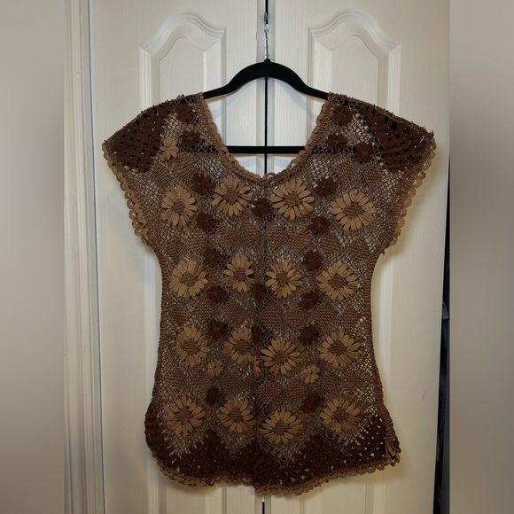 Feminine Summery Elegant Festival Bohemian Western Brown Crochet Women's Top - Picture 1 of 5
